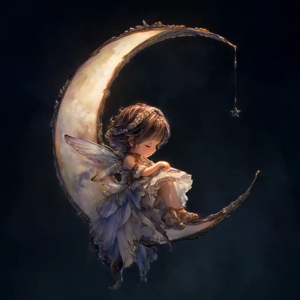 Chibi fairy girl sitting on a crescent moon above Earth