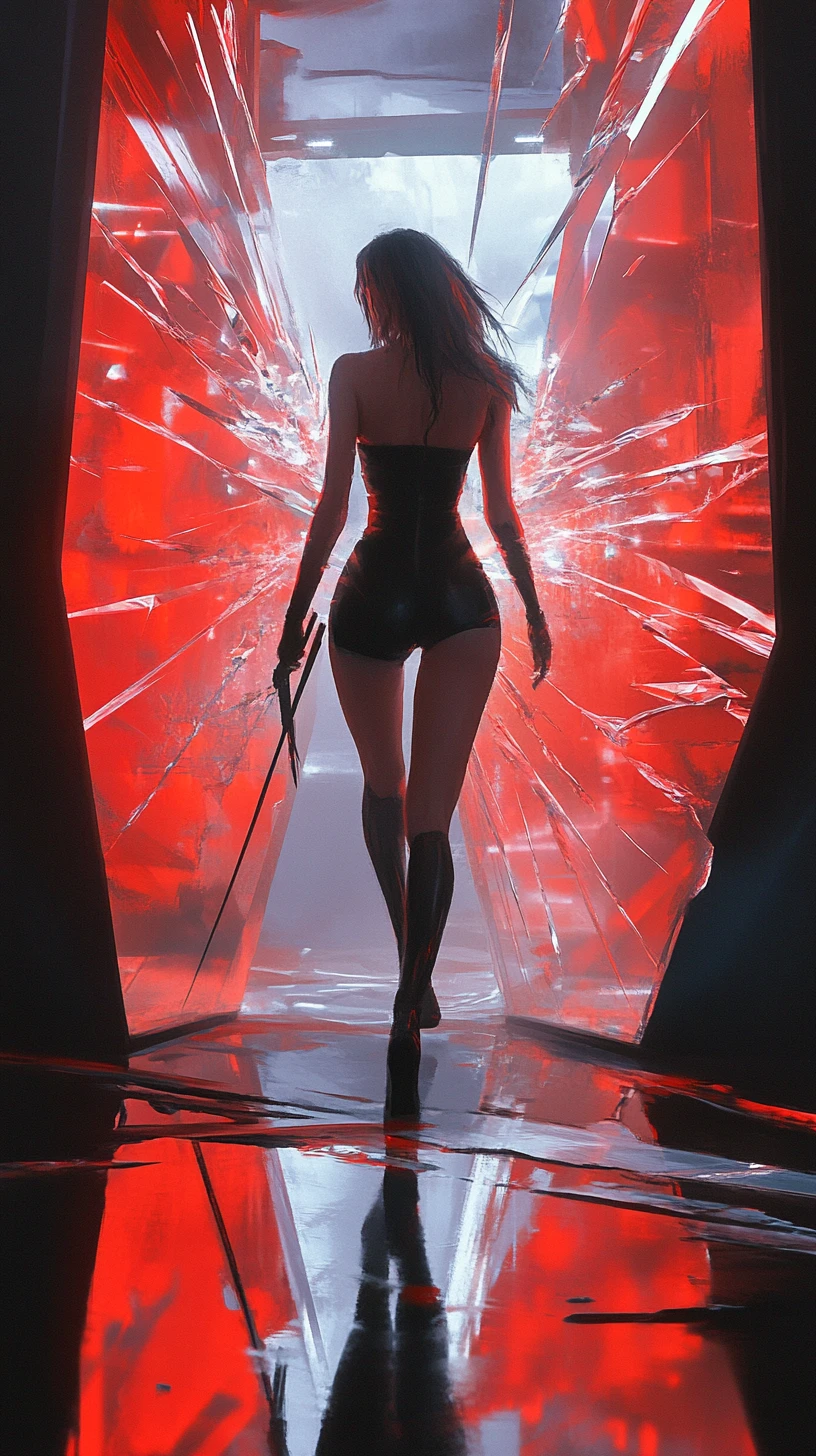 Femme fatale stepping through a fractured mirror portal
