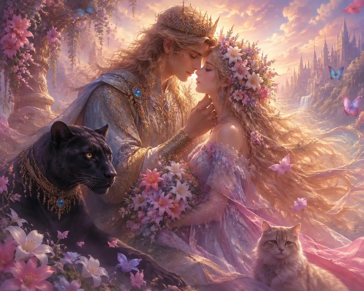 Romantic couple with floral crown and long summer dress