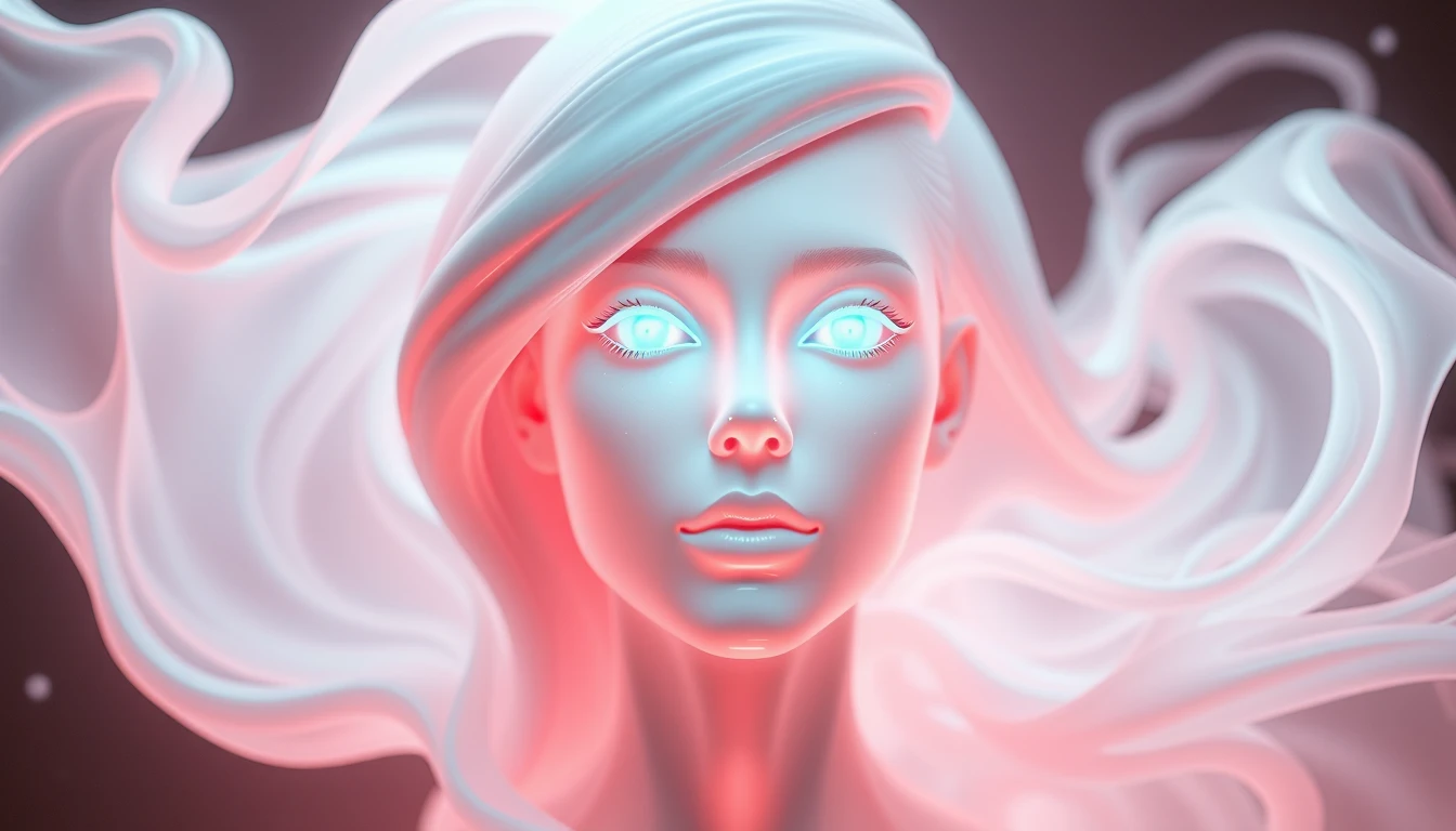 Gentle female AI emerging from pastel swirling mist