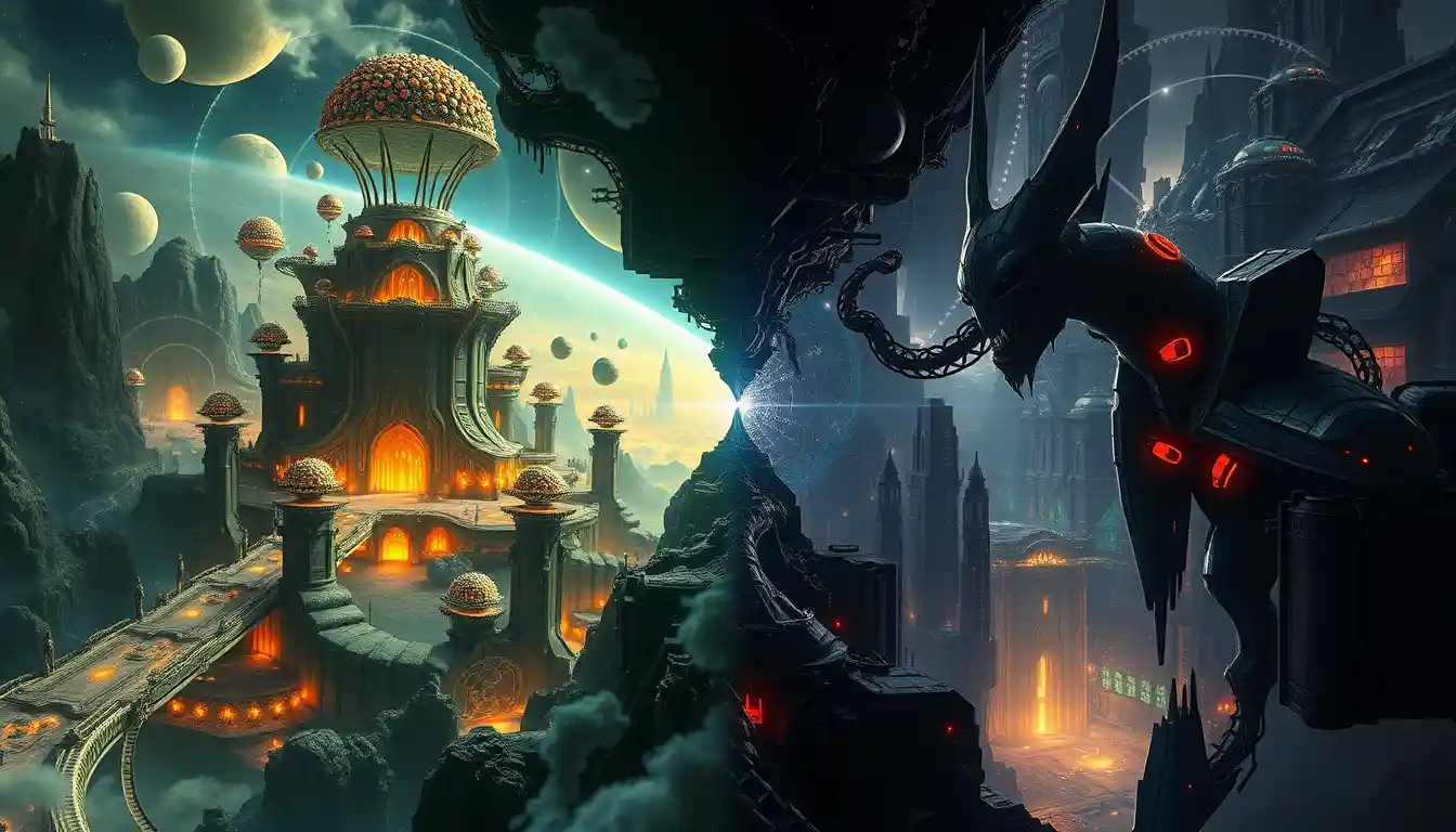 Split cosmic world of organic light and dark machines