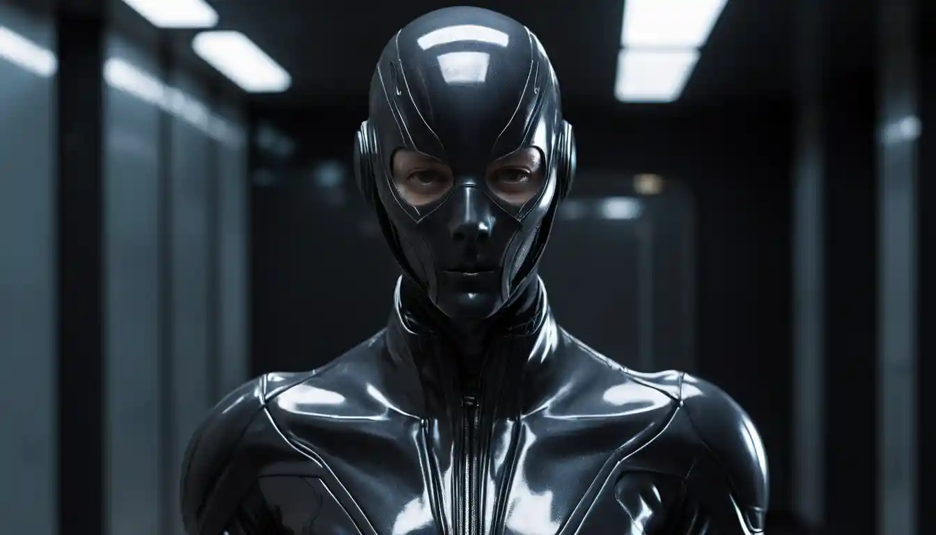 Agente Futuristico in Lattice con Tuta Stealth Biomorfica Lucida