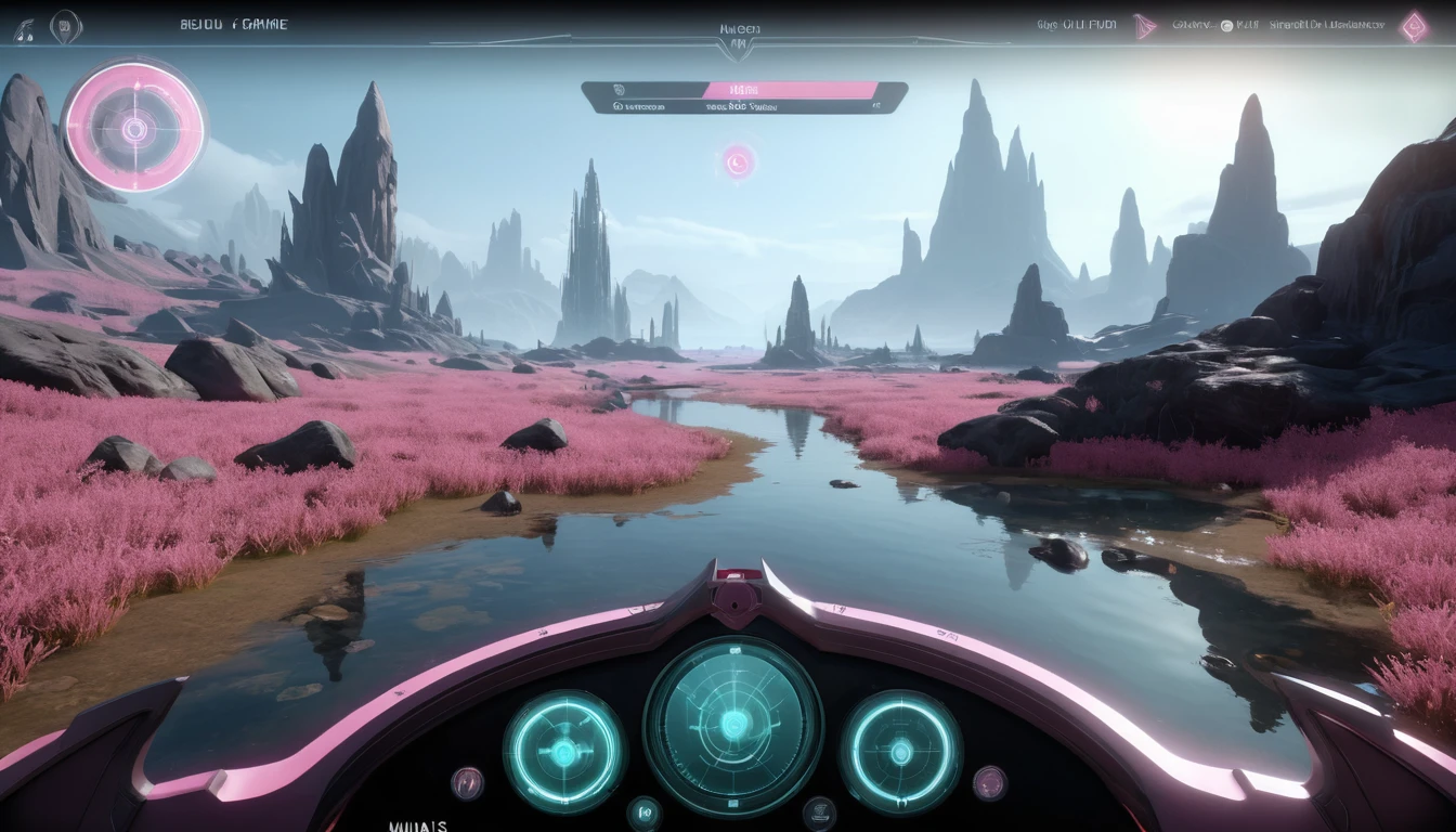 Minimal fantasy game HUD in glossy white and pastel pink