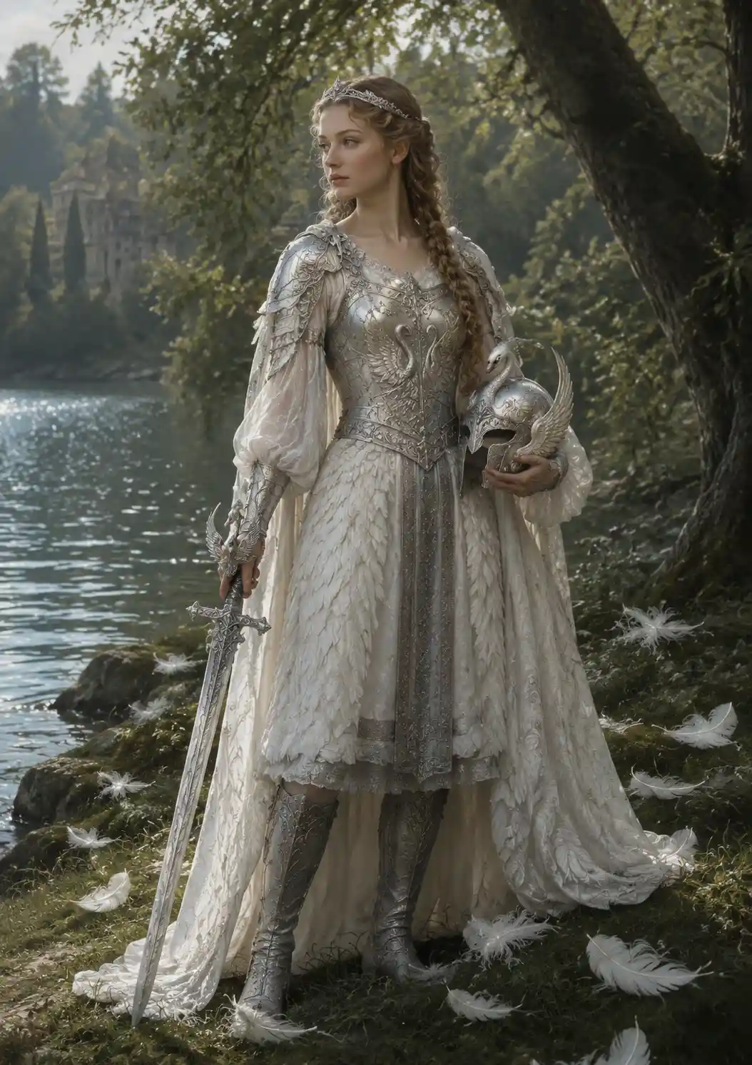 Renaissance portrait of a noble woman in armor by a lake