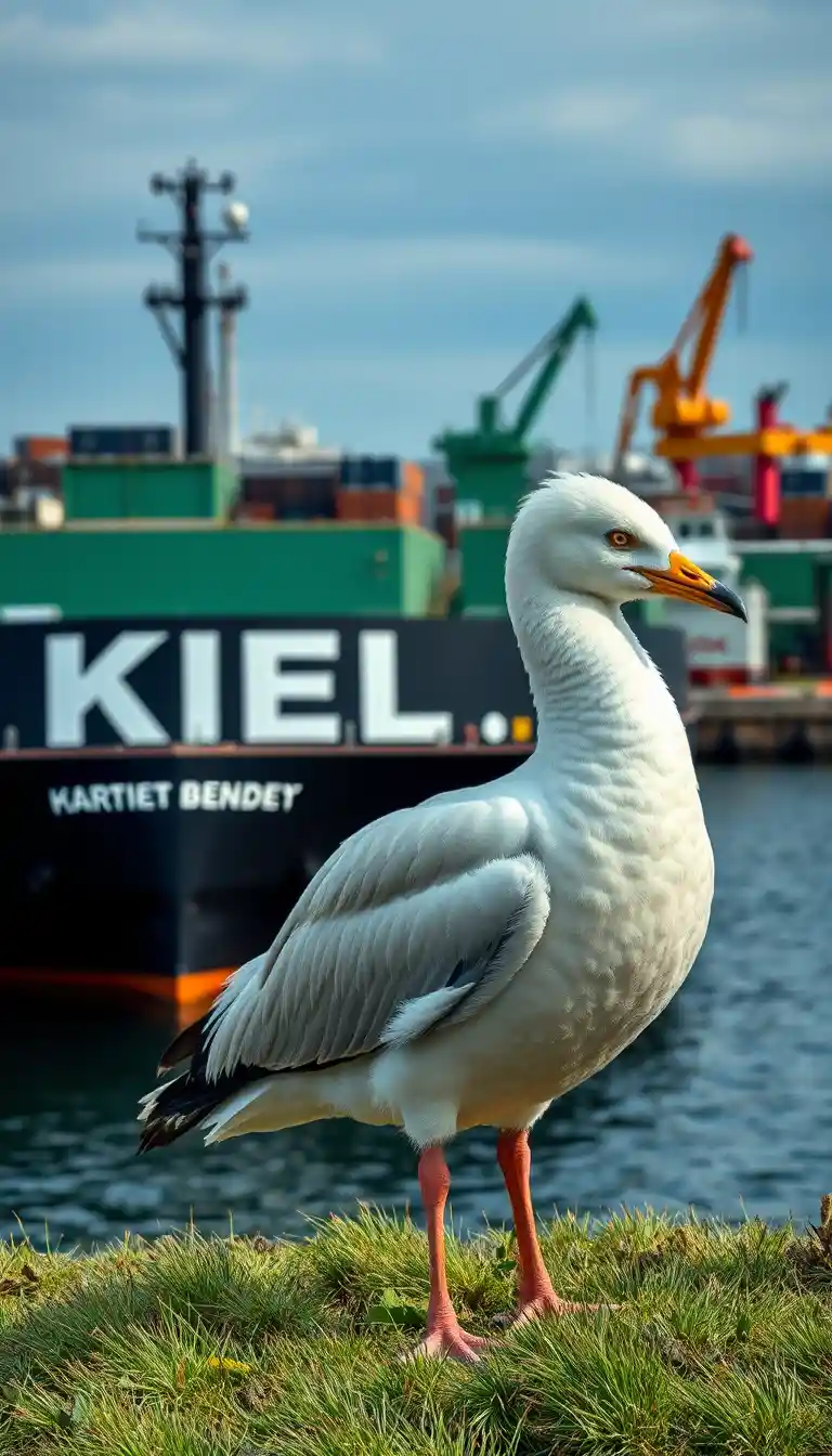 Seagull On Concrete Quay In Industrial Kiel Harbor