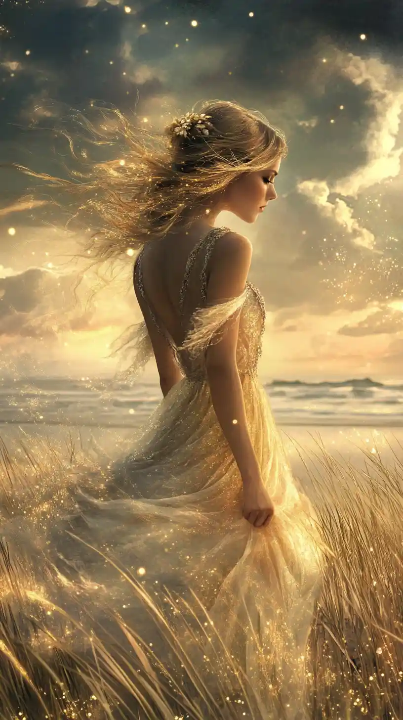 Romantic lady portrait on a beach at dusk with sunlight