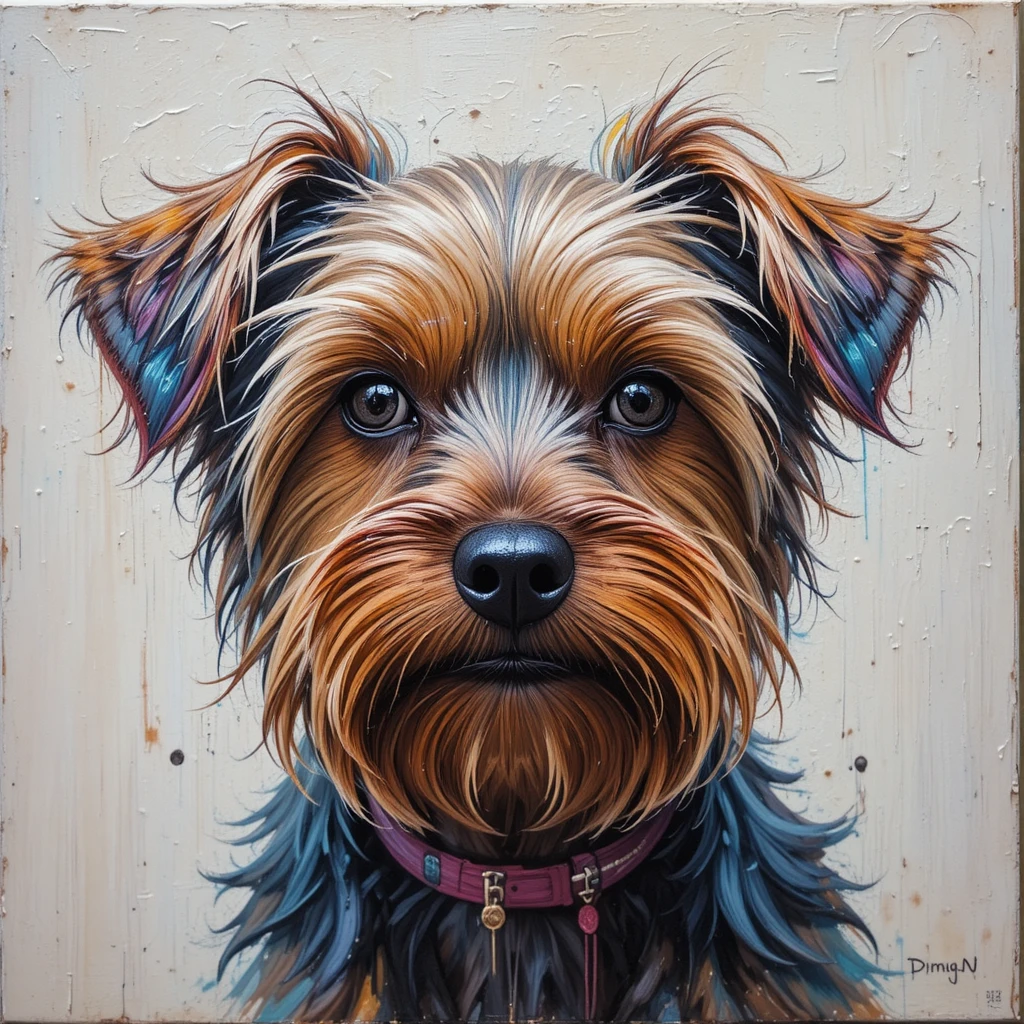 Acrylic painting of a small yorkshire dog with rich colors