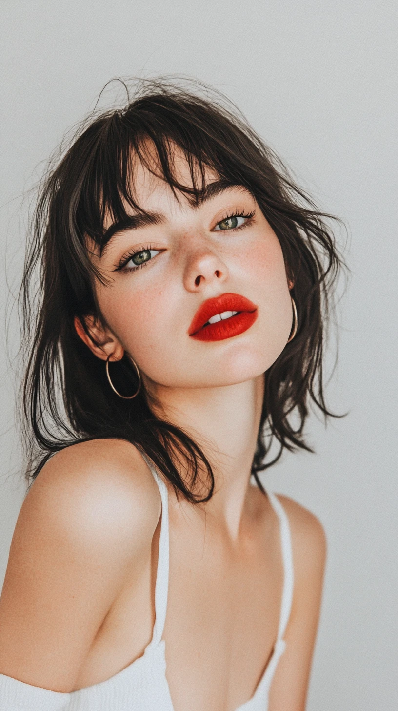 Playful winking girl portrait with red lips and bangs