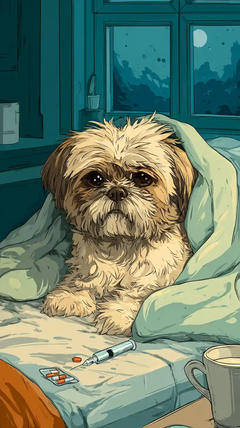 Sick shih tzu crying in bed with medicine nearby