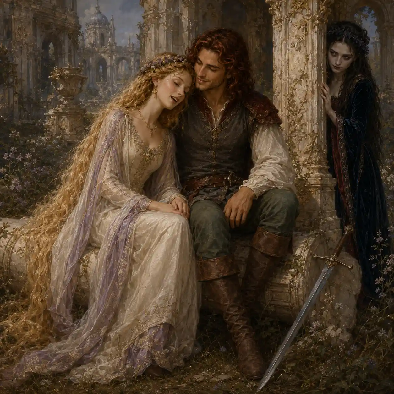 Renaissance couple seated on a broken column in a garden
