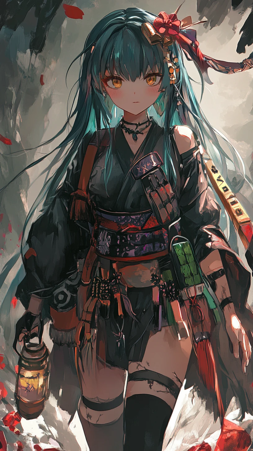 Blue haired anime girl with belts in a crystal cave