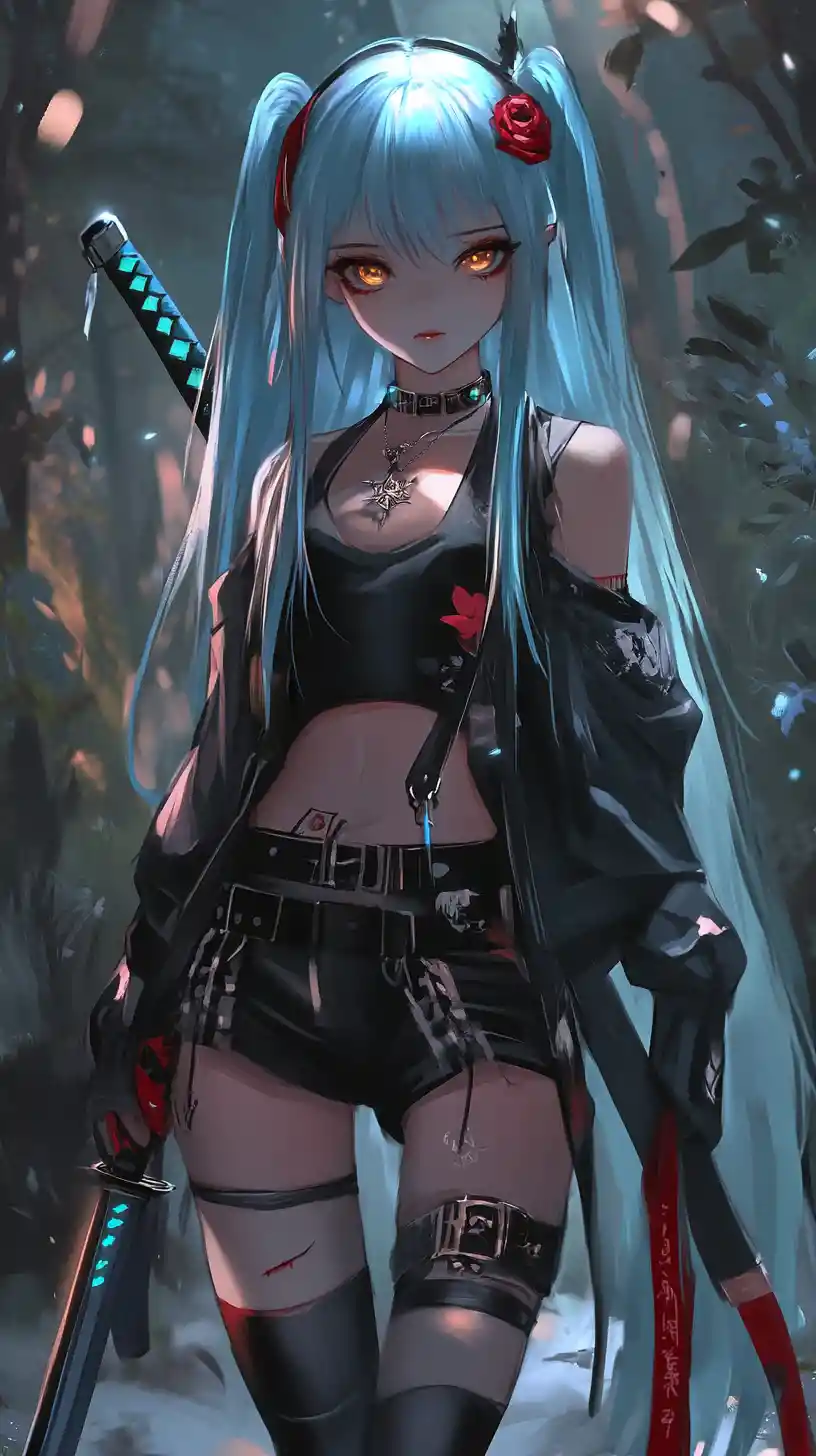 Blue haired anime girl warrior in a dark forest