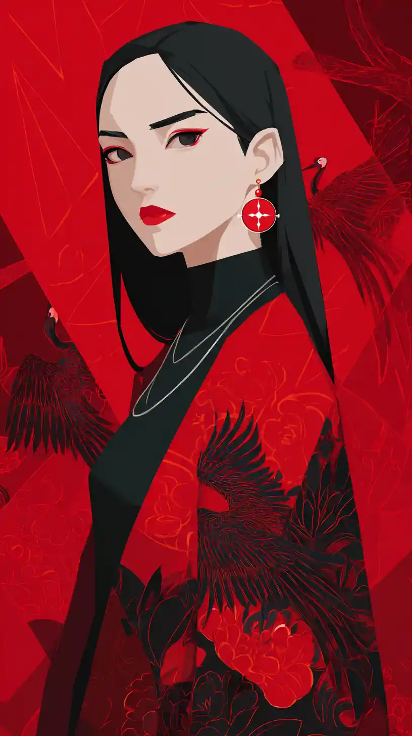 Elegant anime woman in red robe against geometric background