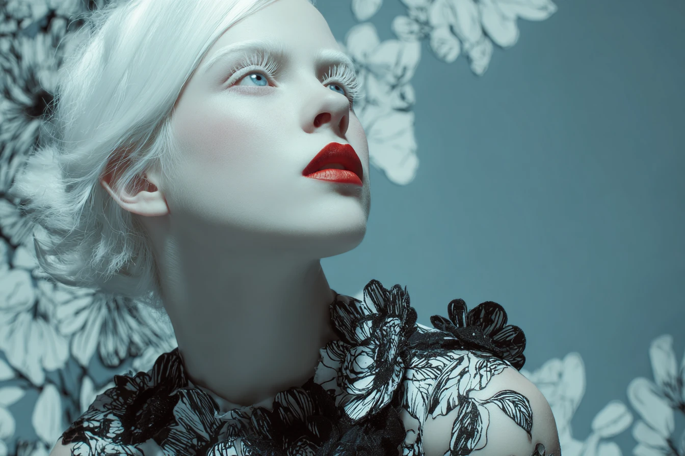 Albino woman in black floral dress with surreal punk styling