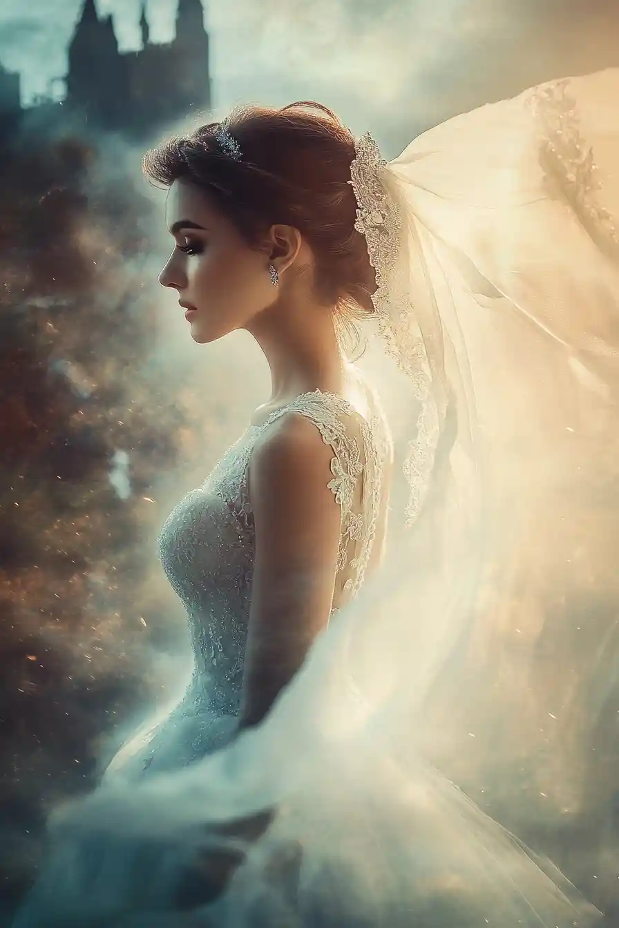 Princess bride in profile with flowing veil and diadem