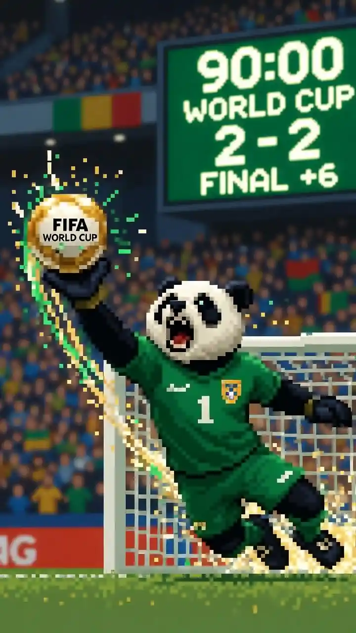 Pixel art polar bear goalkeeper diving in world cup stadium