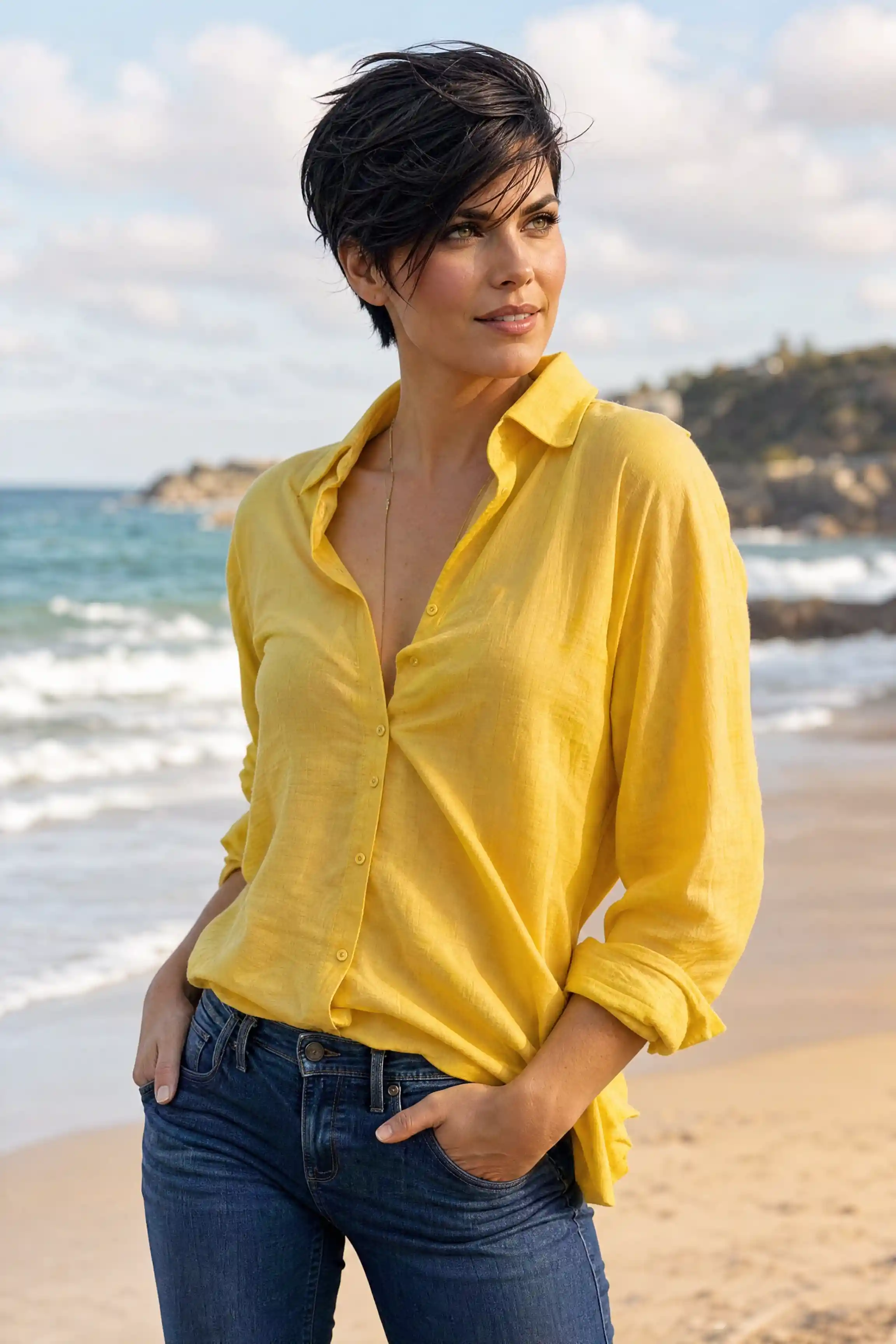 Confident woman posing in yellow blouse on the beach