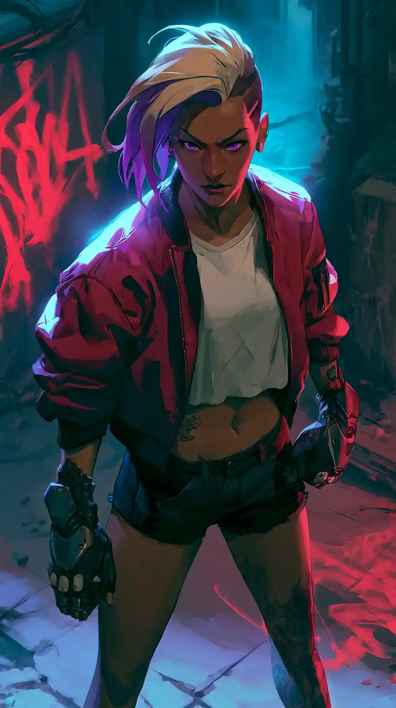 Rebellious neon lit woman on a grimy cyberpunk street