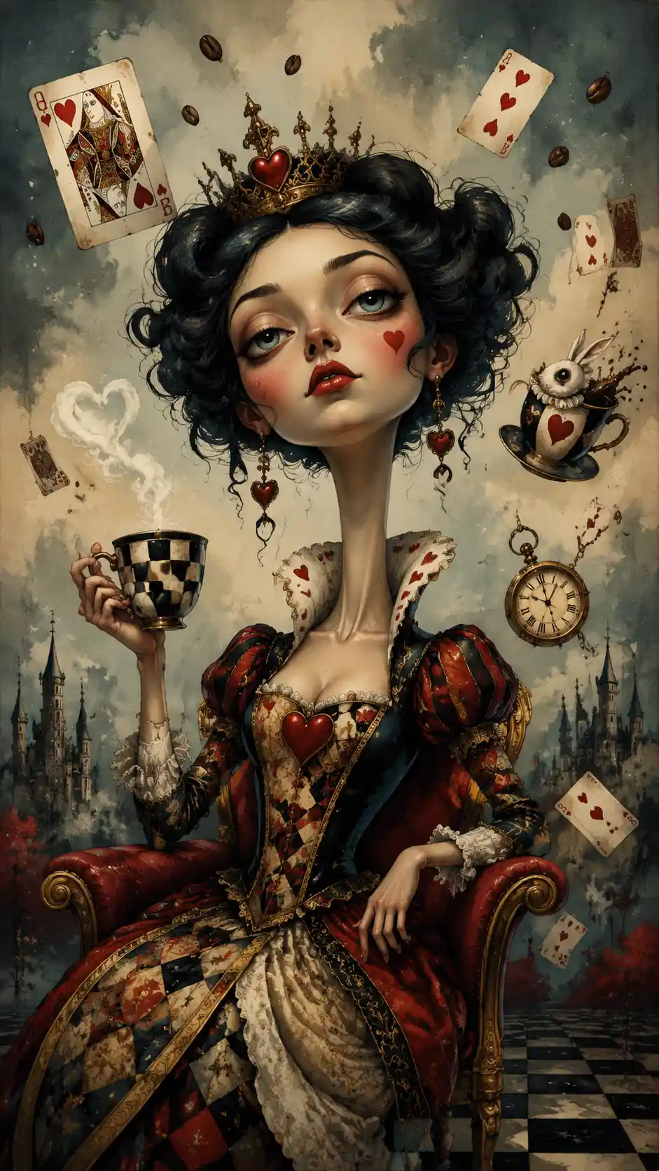 Ilustración surrealista de reina con paisaje onírico de café mágico