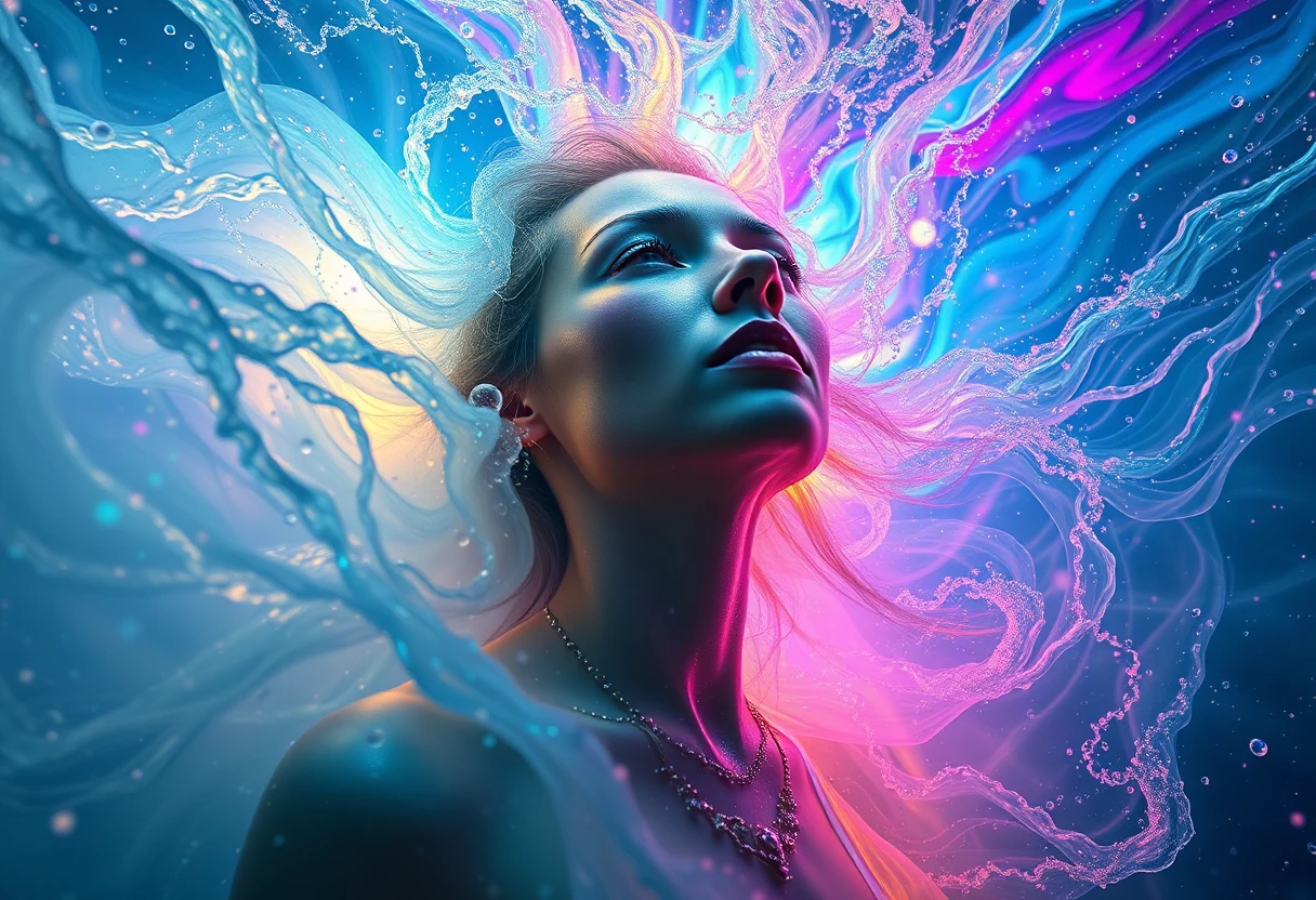 Woman in cosmic water vision with radiant swirling colors