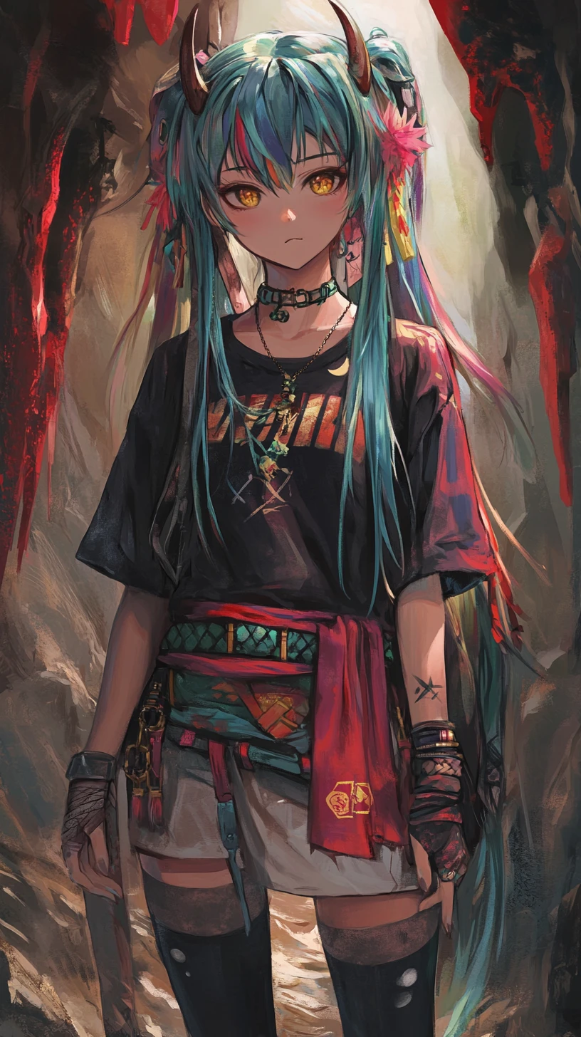 Blue haired anime girl with belts in a dark cave