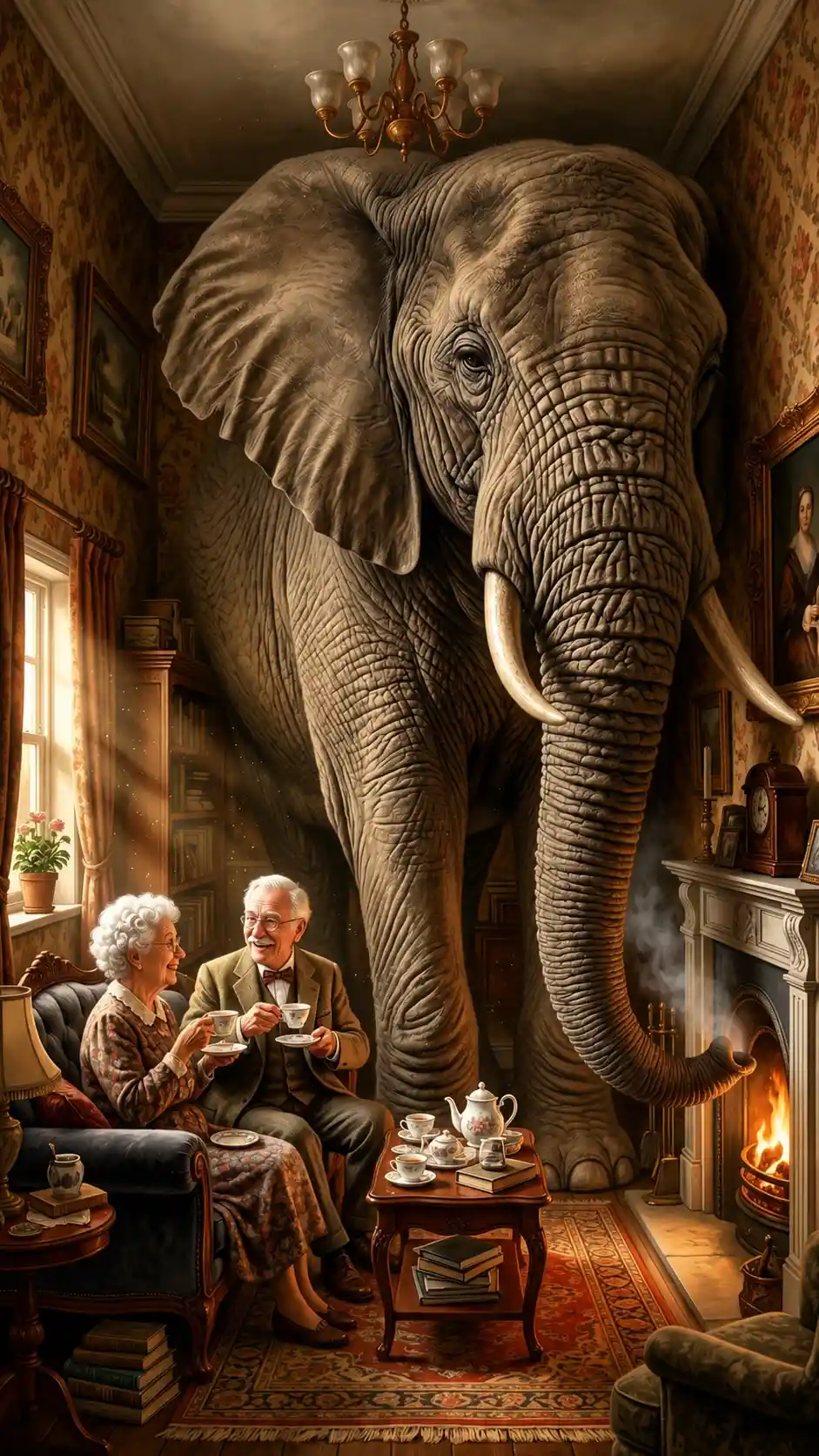 Elephant Squeezed Into A Cozy Victorian Living Room