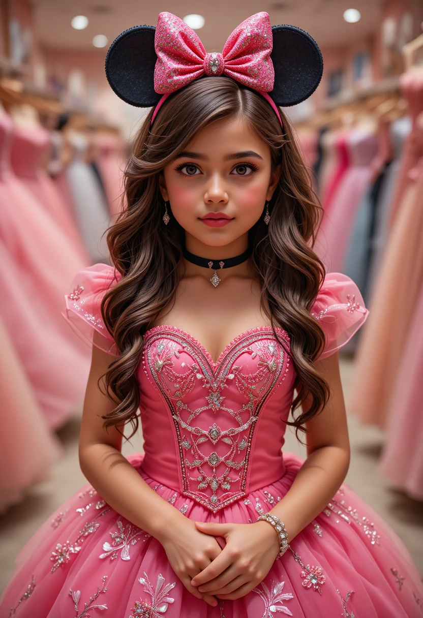 Nervous preteen in hot pink Minnie Mouse princess dress