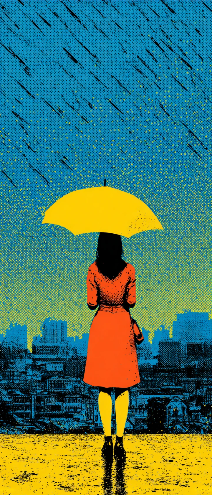 Lonely anime girl with yellow umbrella in pop art rain