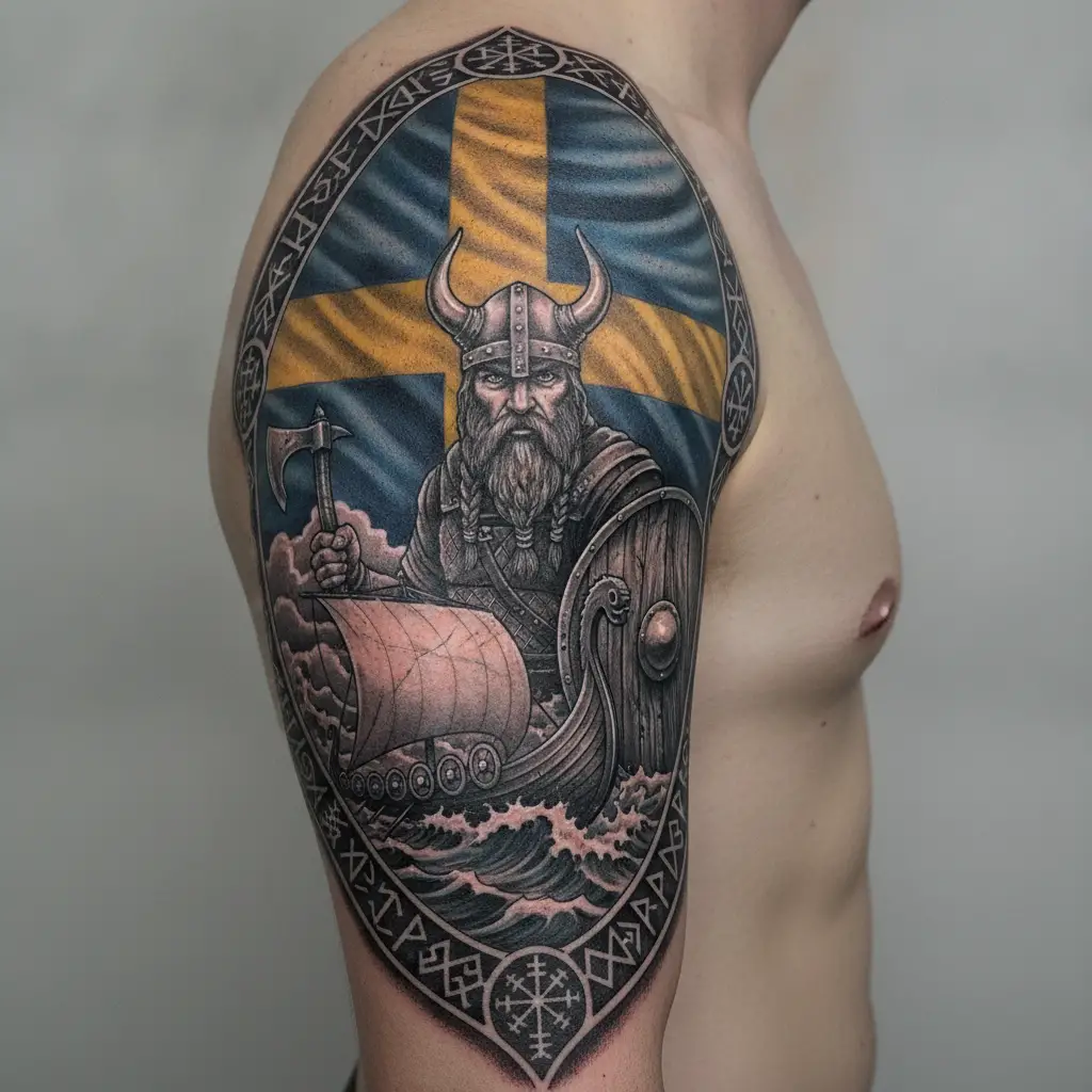 Tatuaggio guerriero vichingo con nave e bandiera svedese sullo sfondo