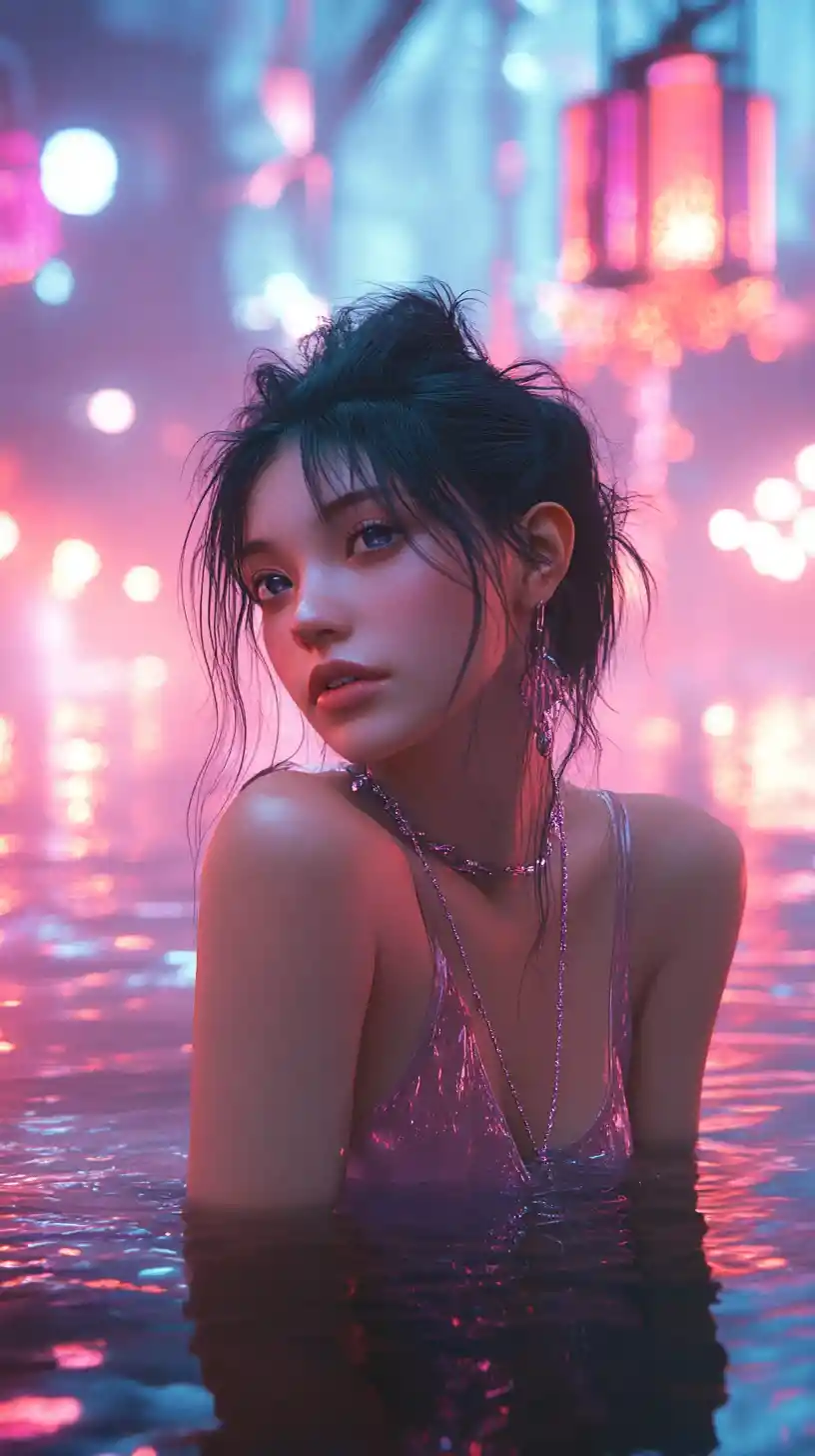 Meditating woman over neon water in a cyberpunk city
