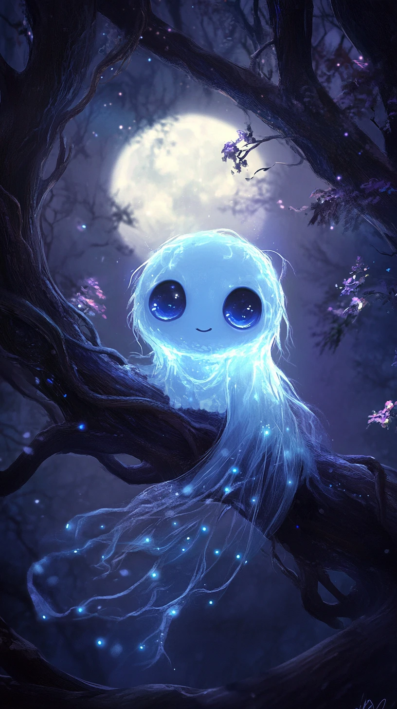 Glowing Spirit Creature On A Branch In Enchanted Forest