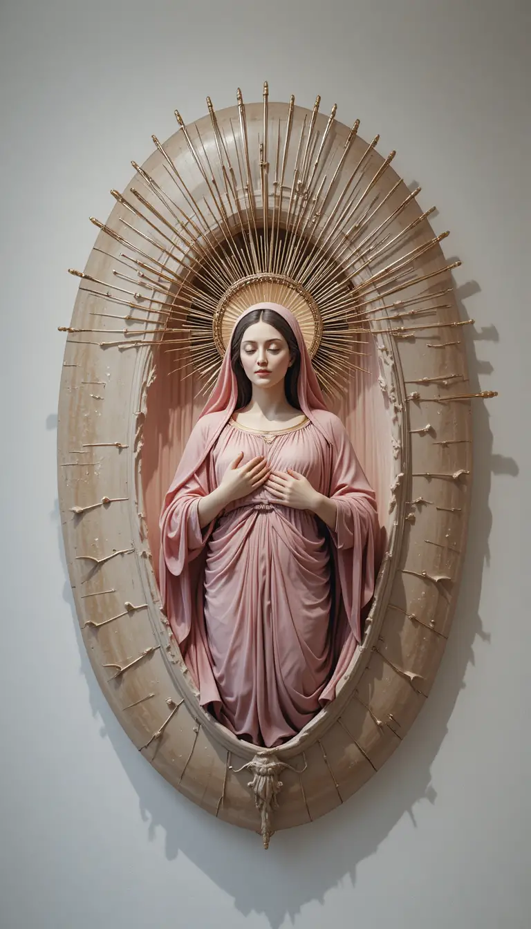 Surreal feminine sculpture with haloed woman emerging