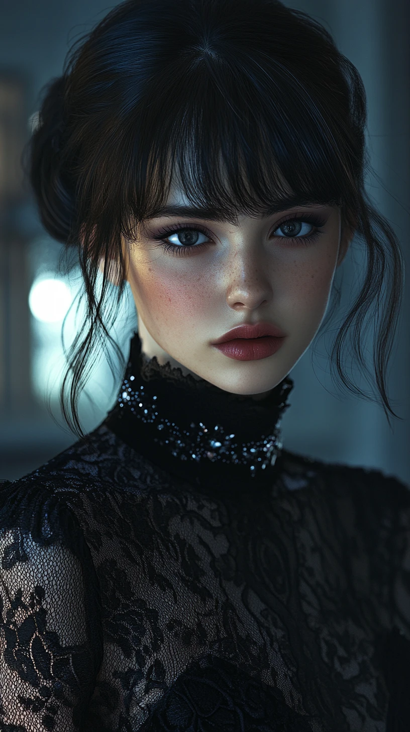 Mysterious young woman in black lace choker portrait