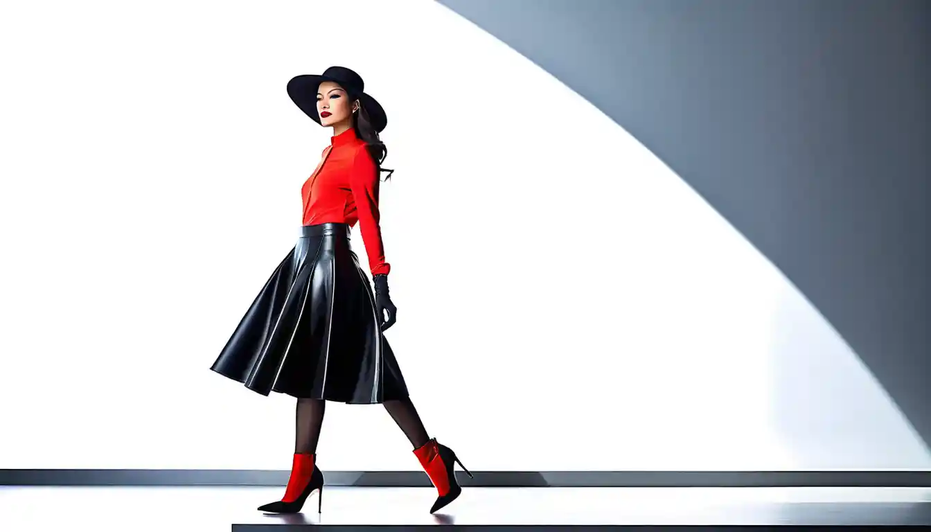 Elegant woman in leather skirt and stilettos mid step