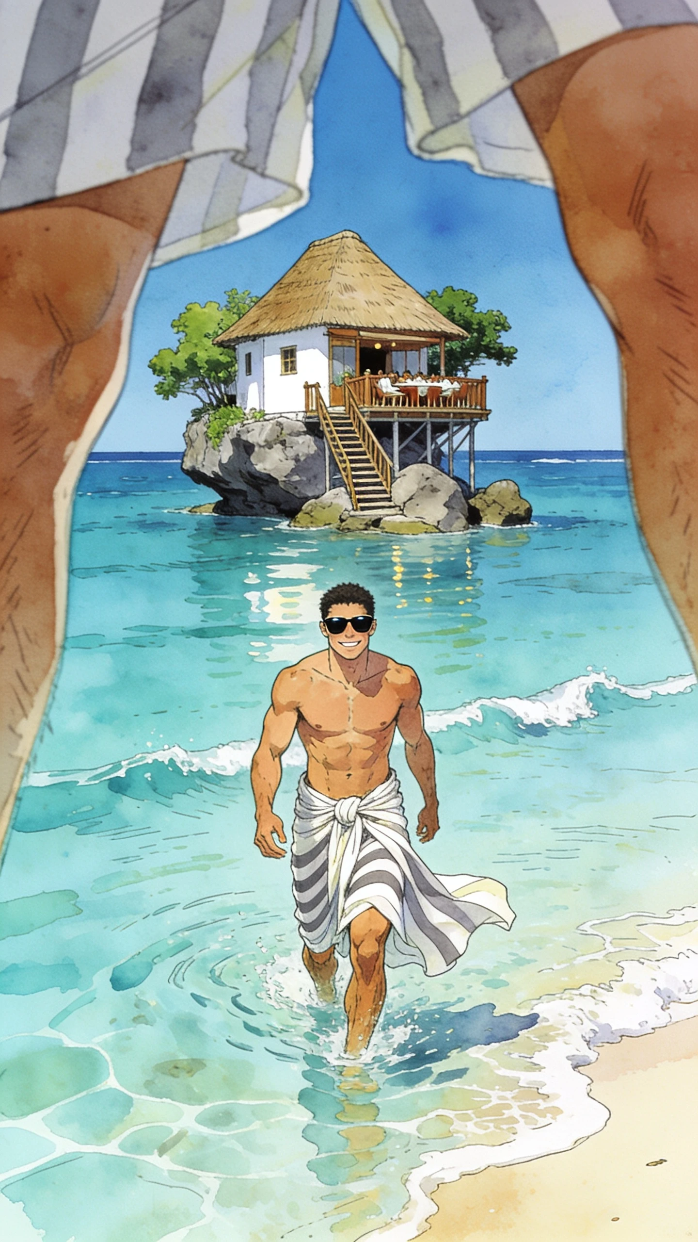 Uomo felice che cammina nelle acque basse di un mare tropicale