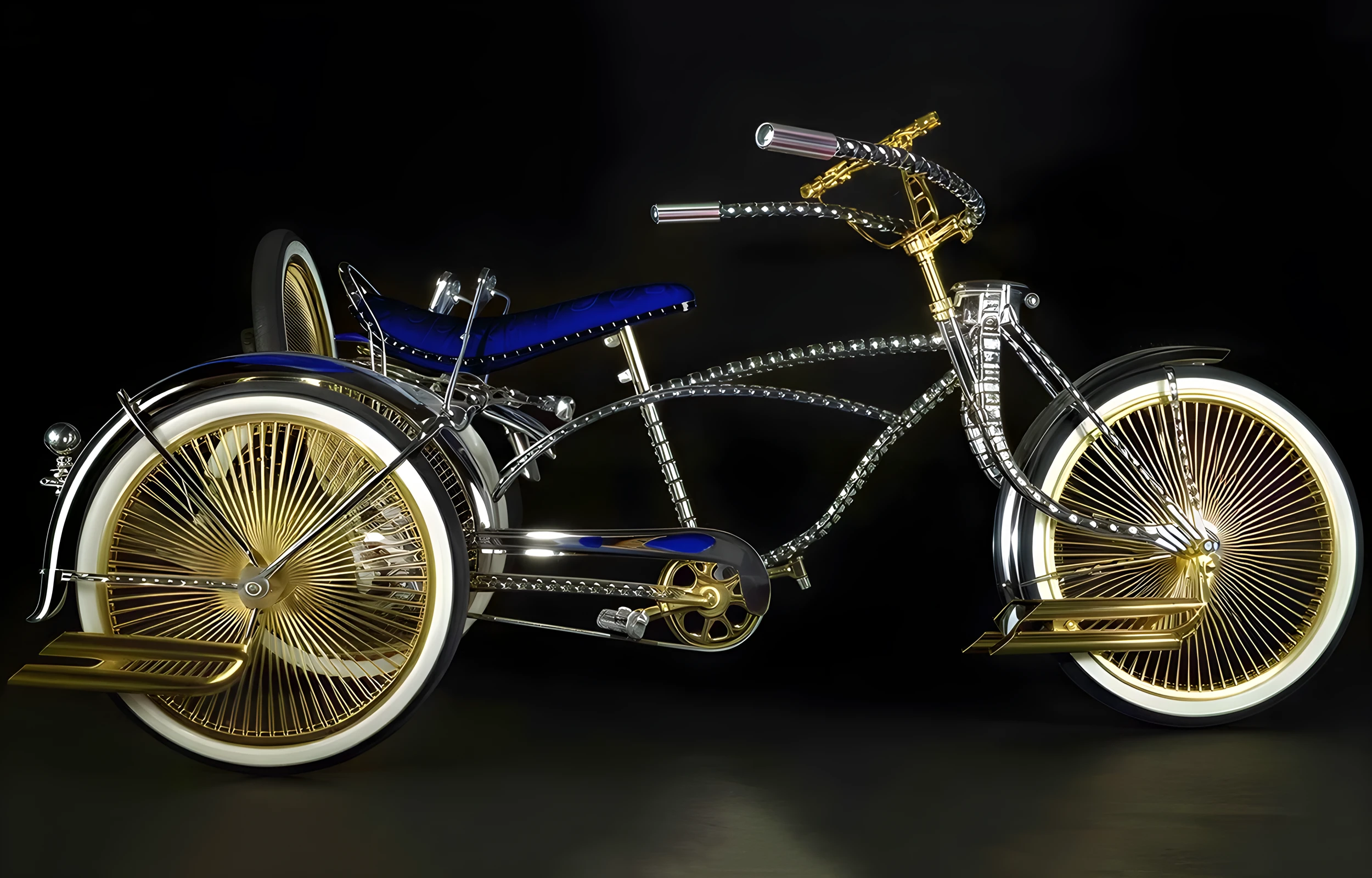 Custom chrome lowrider bicycle with gold details and blue seat
