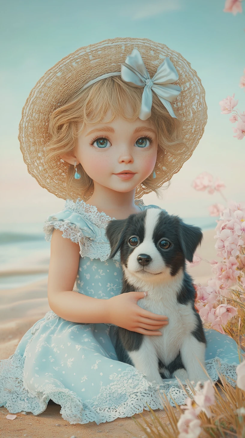 Little girl cuddling puppy on a bright sandy beach