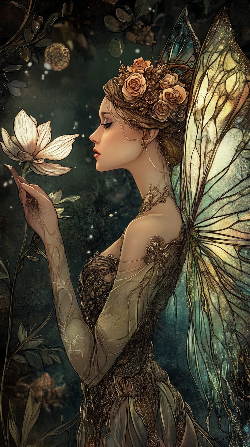 Elegant fairy reaching for a glowing ethereal flower