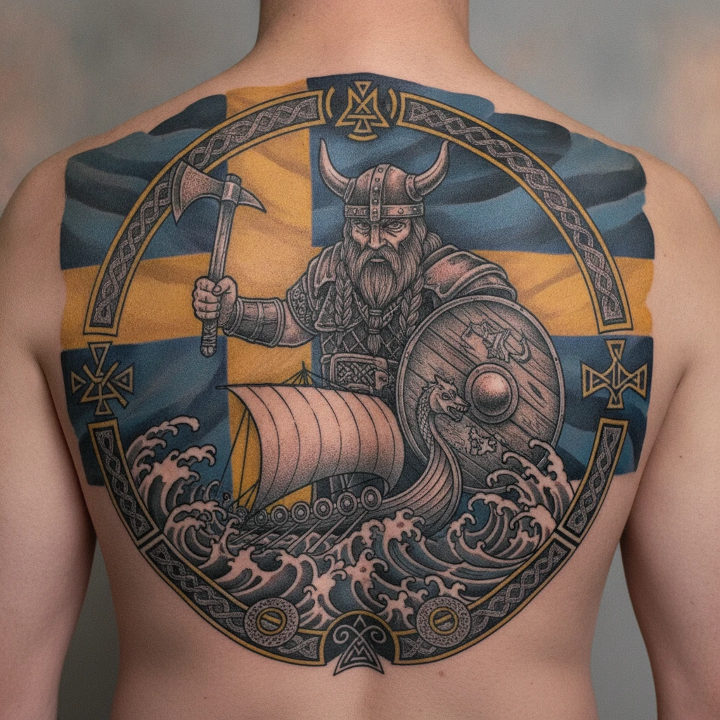 Viking warrior tattoo with ship and Swedish flag backdrop