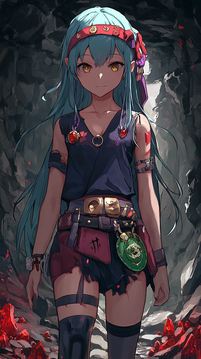 Serious anime girl with belts and bandaged hands