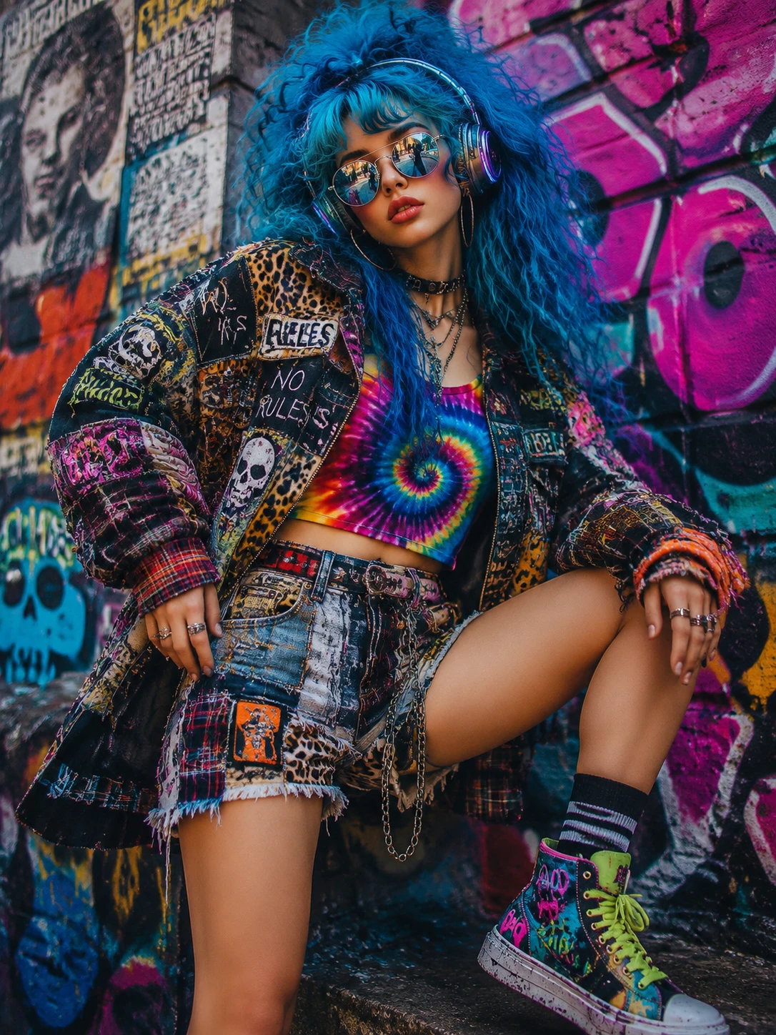 Ribelle della moda audace posa in streetwear urbano neon