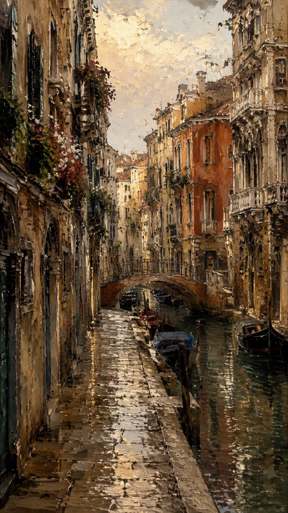 Stretta Strada della Vecchia Venezia in Dettagliato Dipinto a Olio