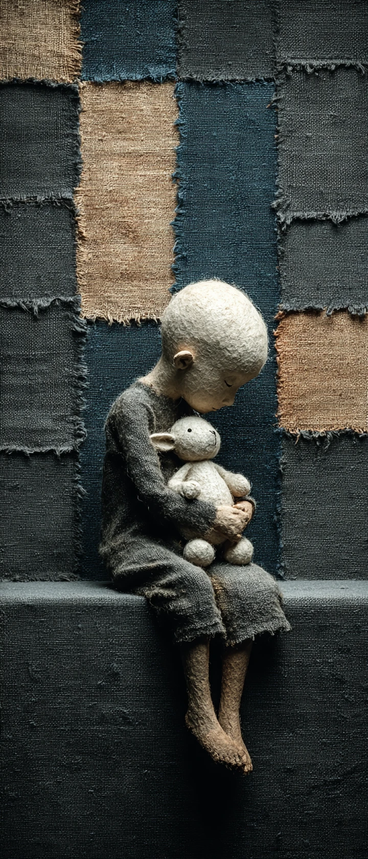 Lonely anime child with torn stuffed toy on burlap floor