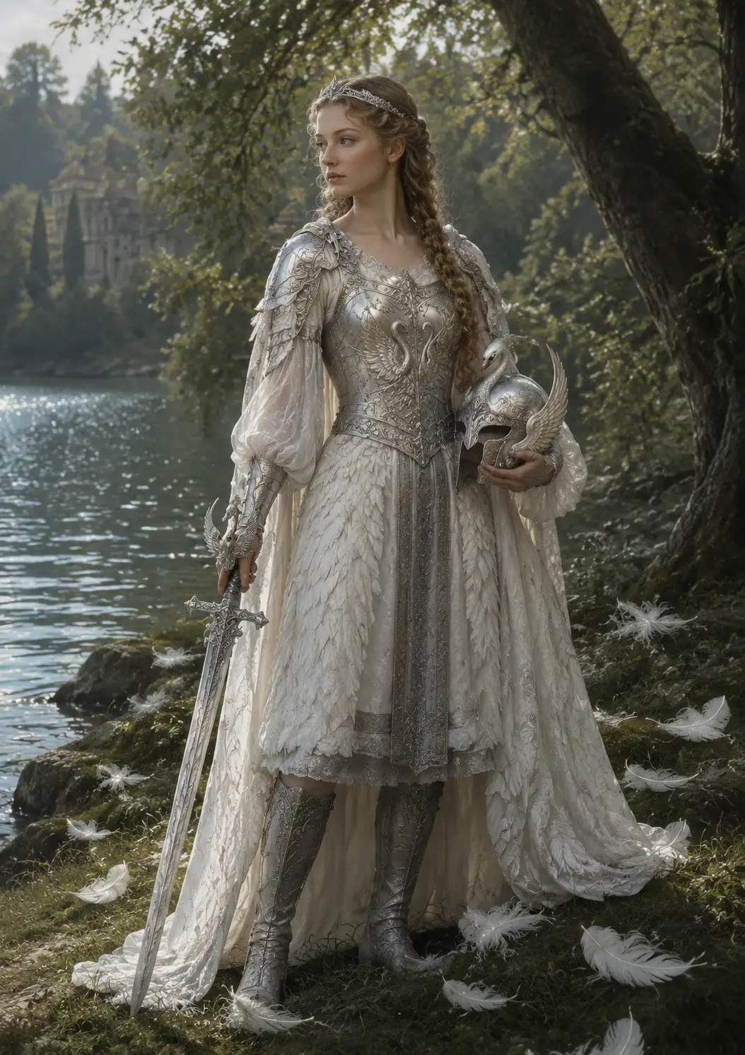 Renaissance portrait of a noble woman in armor by a lake
