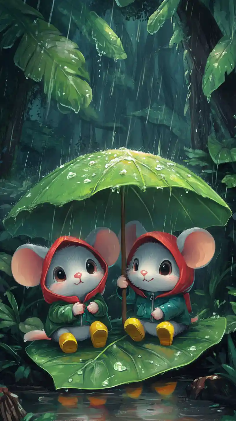 Two cute mice shelter together under a giant leaf