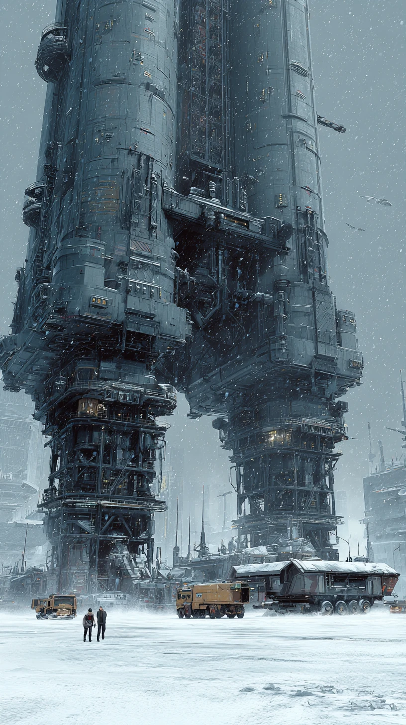 Gigantic sci fi spaceship landing on frozen arctic plain