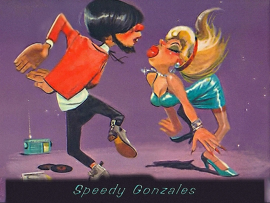 Playful cartoon couple with records on purple background