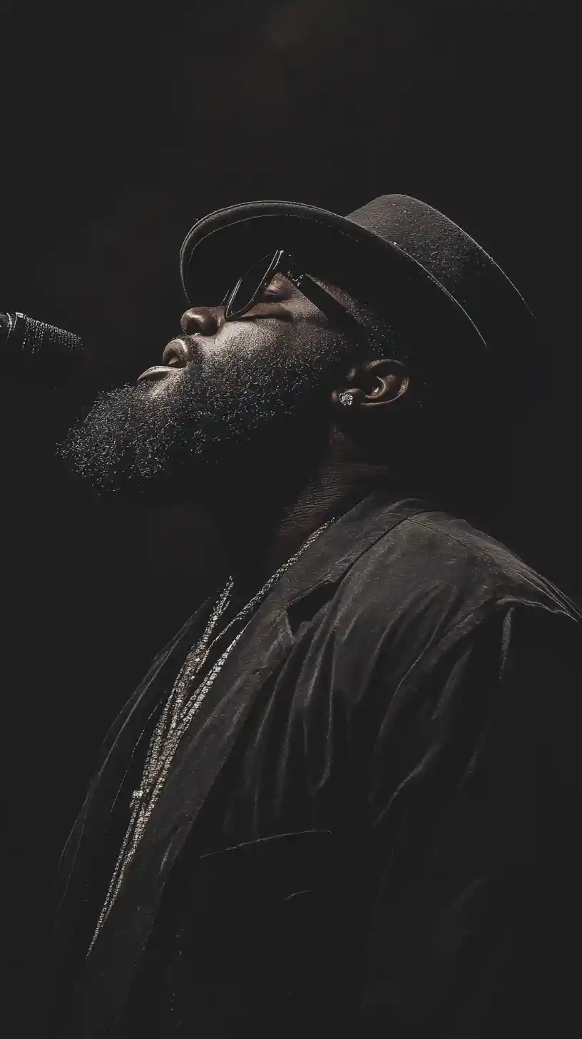 Black rapper delivering intense lines on stage