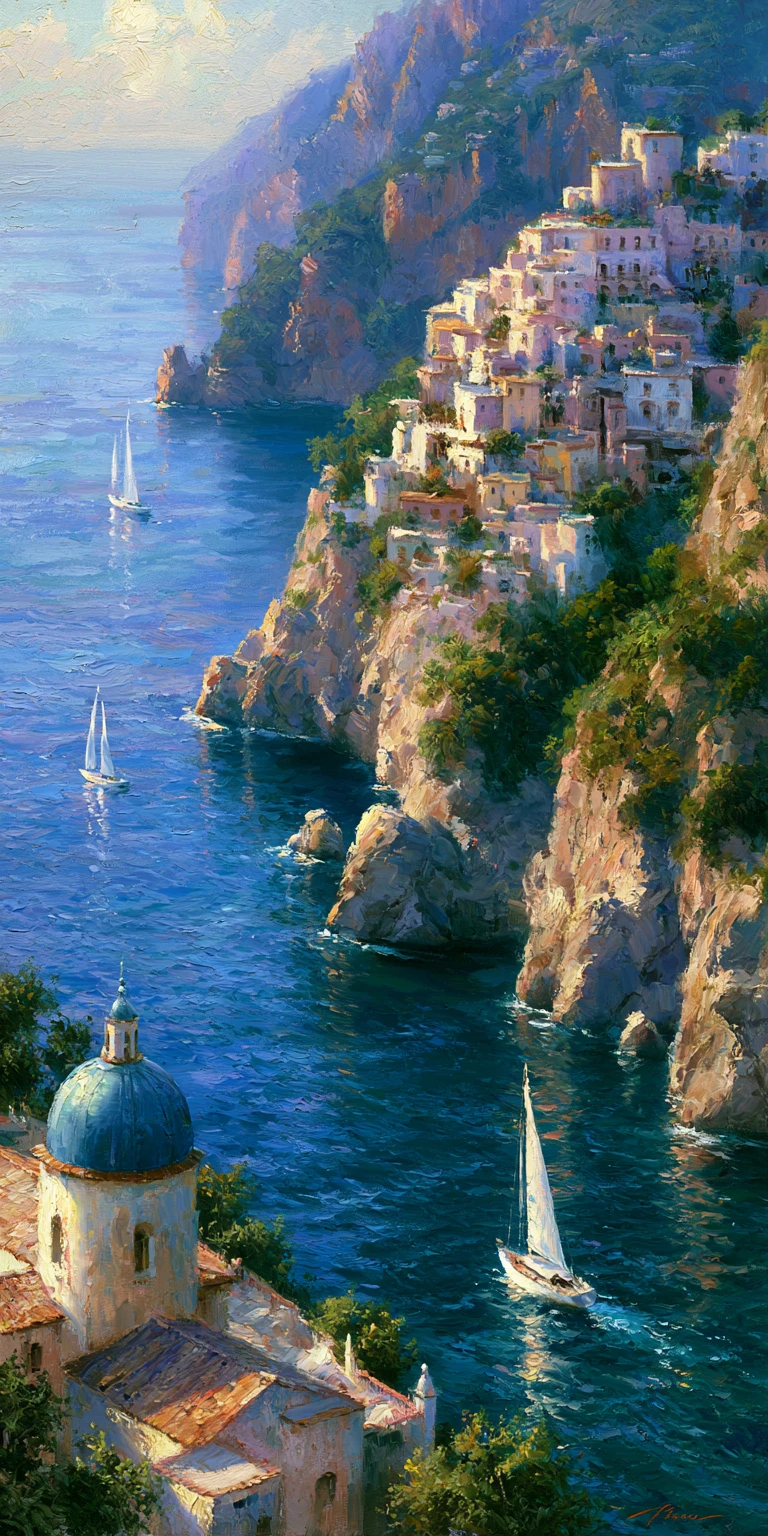 Impressionist Painting Of Sunlit Amalfi Coastal Town