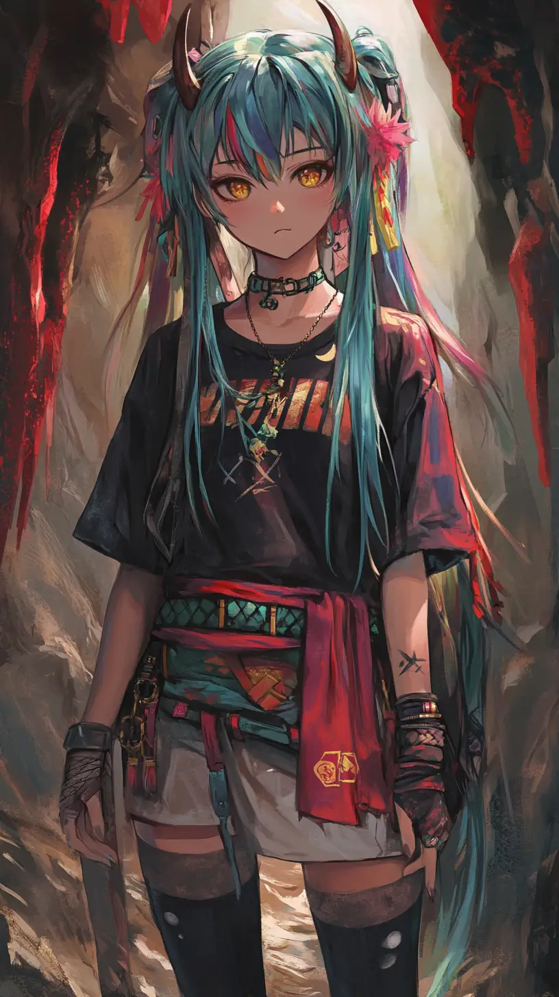 黑暗洞穴中的藍髮皮帶系動漫少女
